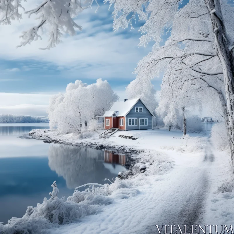 Dreamy Snowy Landscape with Lake House AI Image