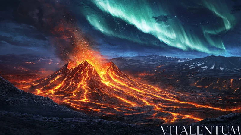 AI ART Volcano and Northern Lights