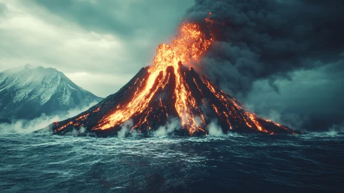 Ocean-side Volcanic Eruption with Lava and Smoke