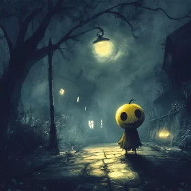 Foggy Street with Mysterious Pumpkin Head Character