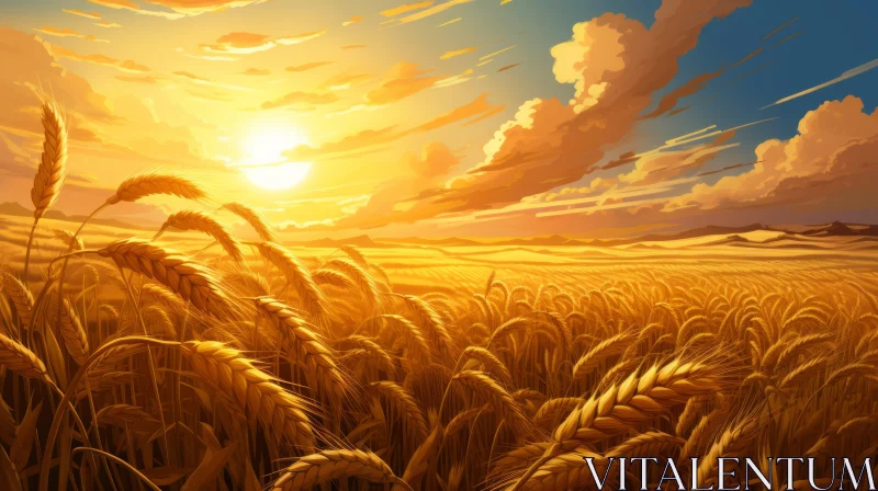 Golden Wheat Fields at Sunset - A Richly Colored Illustration AI Image