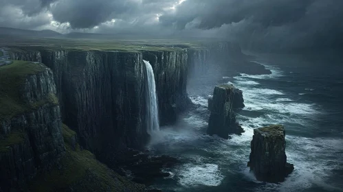 Majestic Cliffs and Waterfall under Stormy Clouds