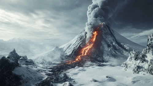 Erupting Volcano Amidst Snowy Peaks