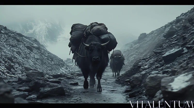 Yaks Carrying Loads in Mountains AI Image