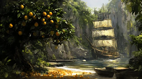 Tropical Haven with Sailing Ship and Fruitful Tree