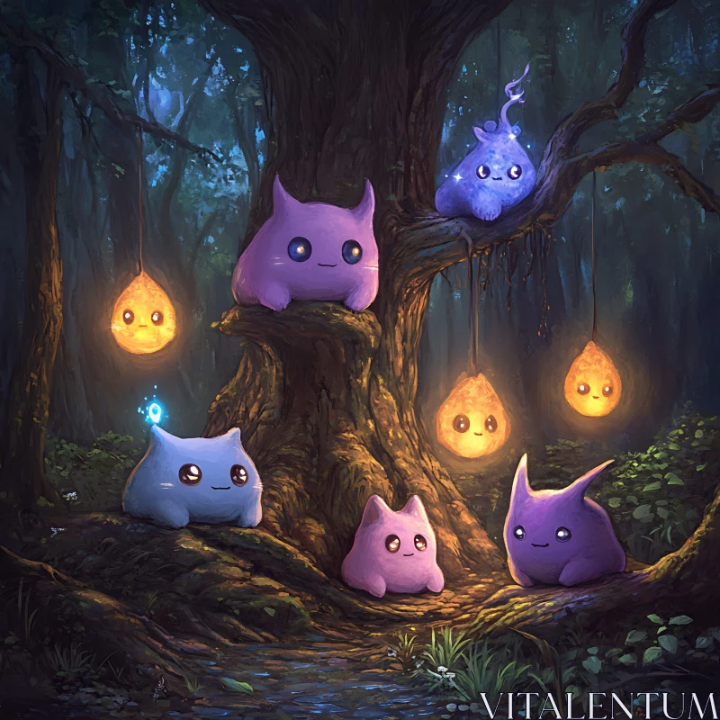 Enchanting Night Scene with Glowing Forest Creatures AI Image