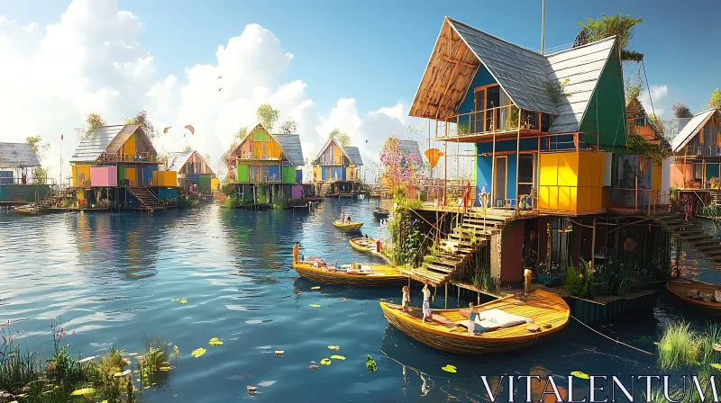 Scenic Floating Village with Vibrant Houses on Water AI Image