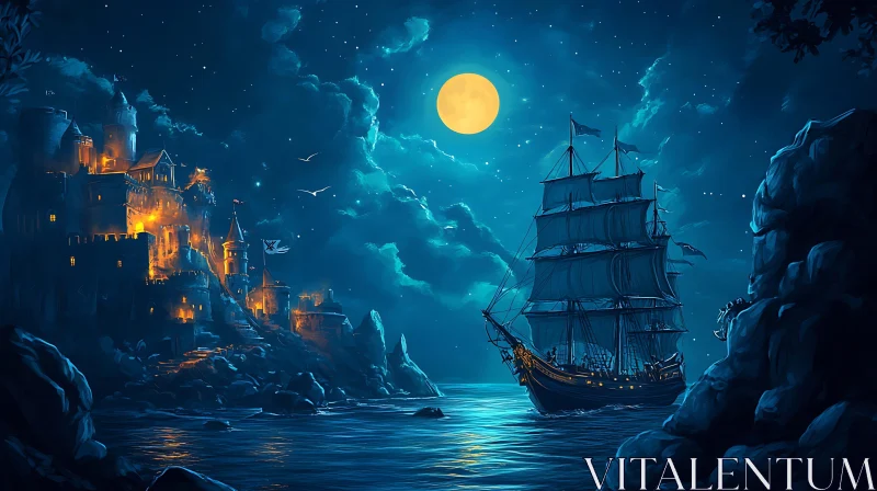 Nighttime Fantasy Landscape with Moon and Ship AI Image