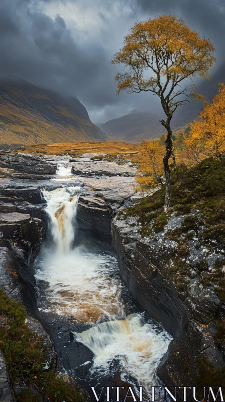 AI ART Scenic Autumn Waterfall and Rugged Mountains