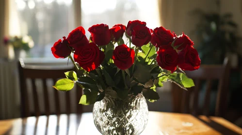 Bouquet of Red Roses in Crystal Vase on Wooden Table