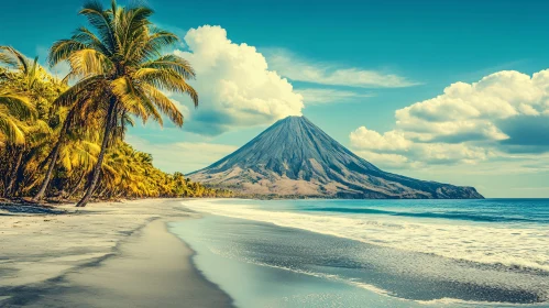 Tropical Paradise with Volcano and Palm Trees