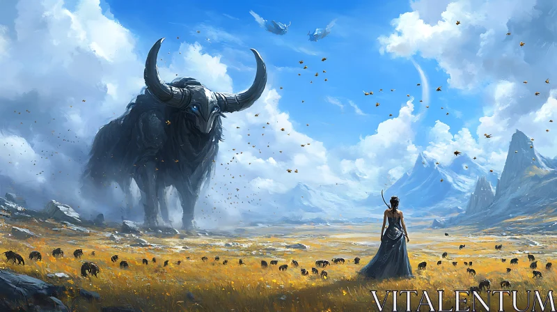 Surreal Scene of a Woman and Giant Beast AI Image