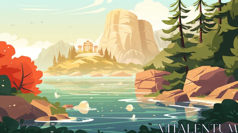 Art Nouveau-Inspired Adventure Landscape with Cartoonish Characters AI Image
