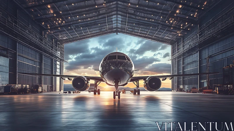 Aircraft in Spacious Hangar During Sunset AI Image