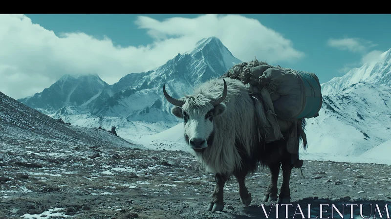 Heavily Loaded Yak in Snowy Mountains AI Image