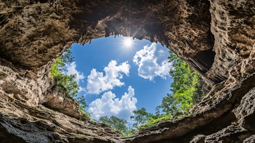 Sunbeam through Cave Opening with Green Trees and Clouds