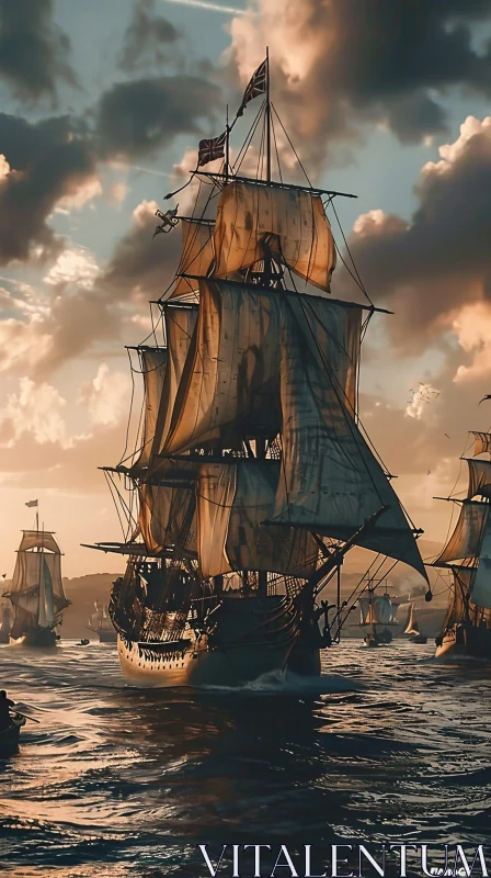 Historic Ships Sailing in Golden Evening Light AI Image