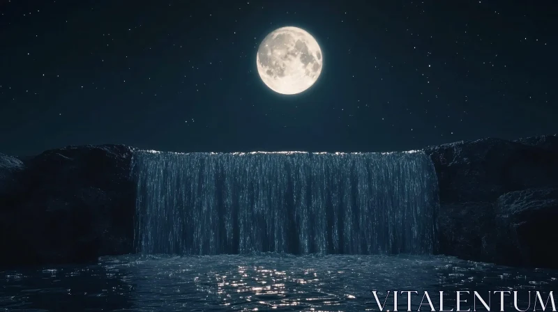 Moonlit Waterfall with Starry Night Sky AI Image