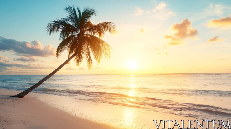 Tranquil Seaside Sunset with Leaning Palm Tree AI Image