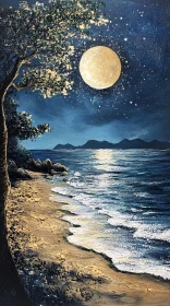 Serene Night Beach with Moonlit Sea