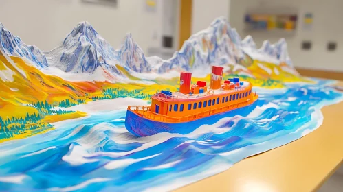 Vibrant 3D Boat and Mountain Scene