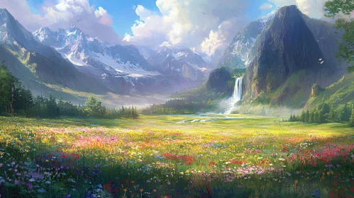 Serene Mountain and Meadow Scene with Cascading Waterfall