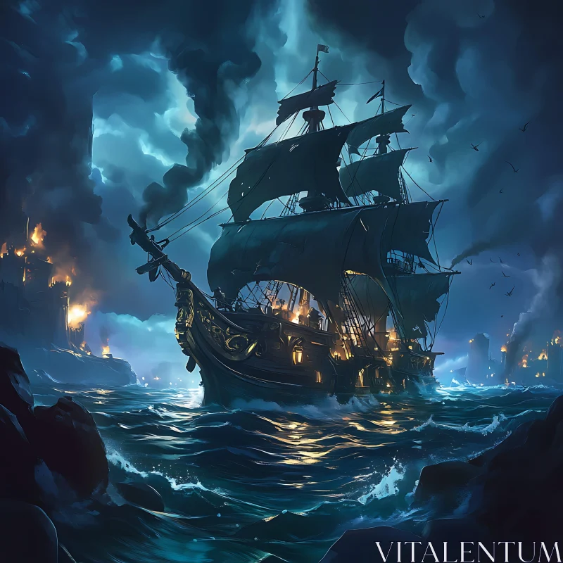 AI ART Stormy Night Pirate Ship