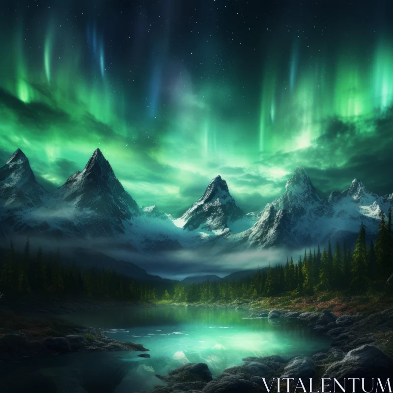 Aurora Borealis over Mountain Range: An Emerald Night Spectacle AI Image