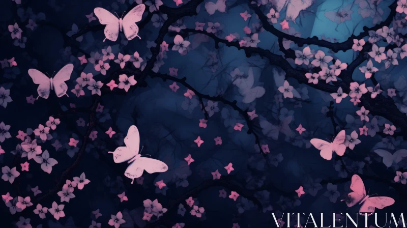 Dark Pink Blossom Tree and Butterflies Night Wallpaper AI Image
