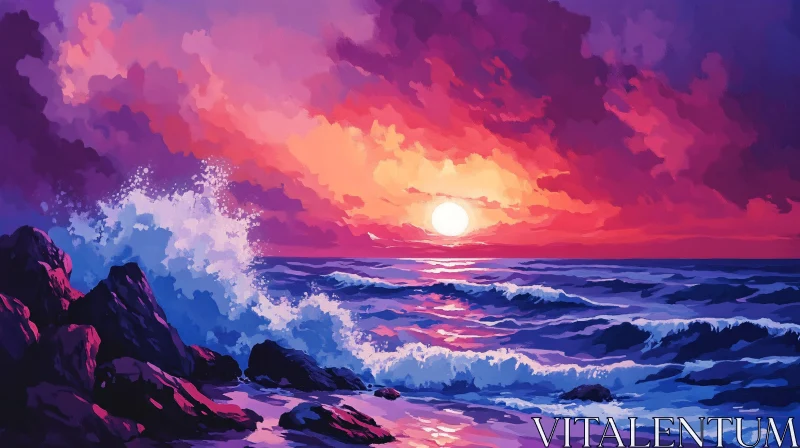 AI ART Vivid Sunset Over Ocean Waves and Rocks