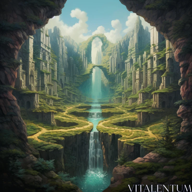 Fantasy Valley: Lush Imaginary Passage and Grand Ruins AI Image