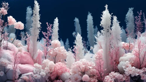 Surreal Underwater Scene with Pink Flowers and Detailed Foliage