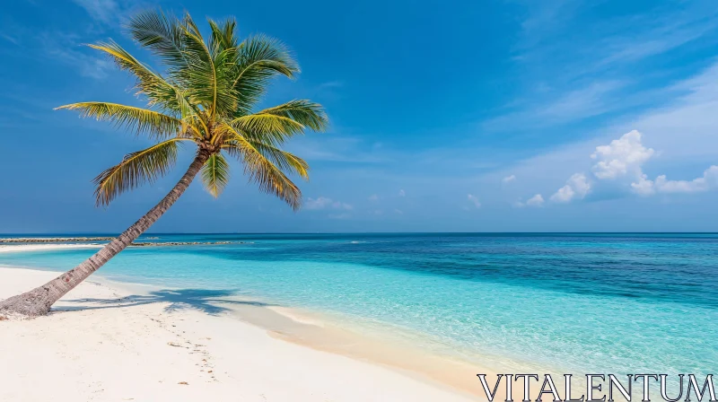 Serene Seaside Scene with Blue Waters and Palm Tree AI Image