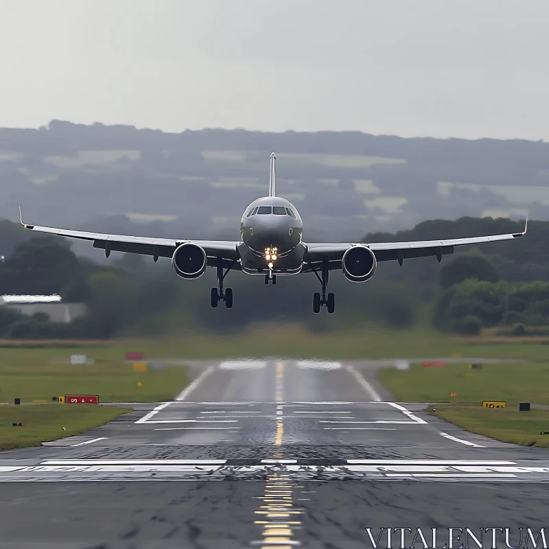 Aircraft Touching Down in Misty Landscape AI Image