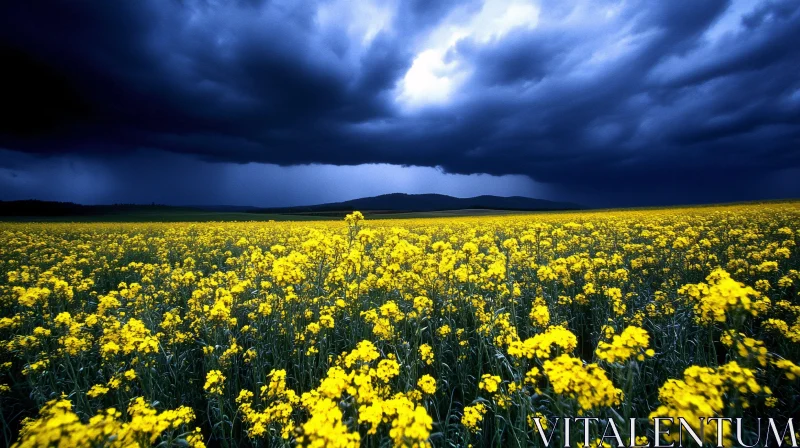 Stormy Sky Above a Yellow Flower Meadow AI Image