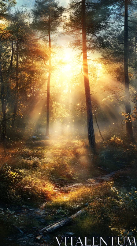 Warm Morning Light in a Peaceful Forest Setting AI Image