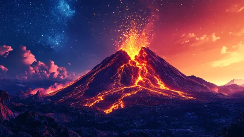 Majestic Volcano with Glowing Lava and Stars