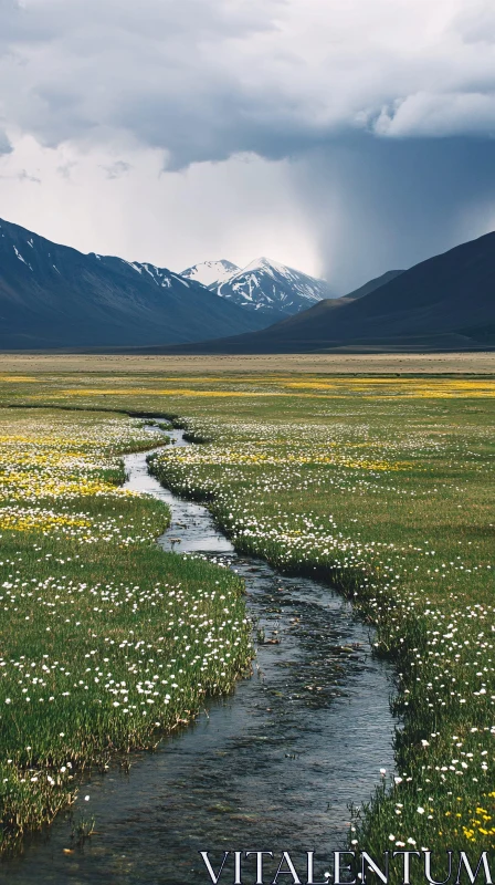 AI ART Peaceful Meadow Stream with Mountain View