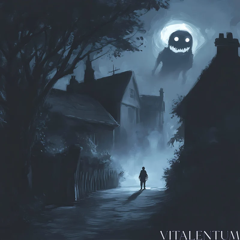 Creepy Village Night with Monster and Fog AI Image