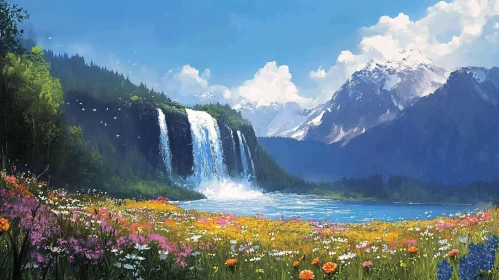 Majestic Natural Landscape with Waterfall and Blossoming Field