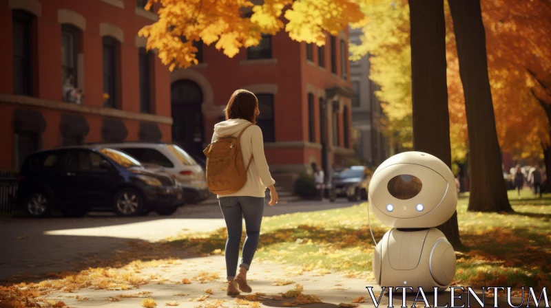Woman and Robot: A Harmonious Autumn Walk AI Image
