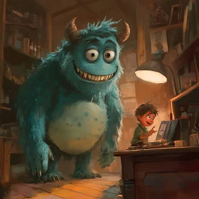 Blue Monster and Child in a Cozy, Lamp-Lit Room