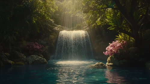 Waterfall in Forest with Sunlight and Flowers