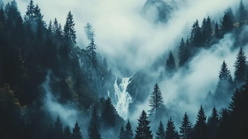 Mystical Waterfall Amidst Foggy Pines