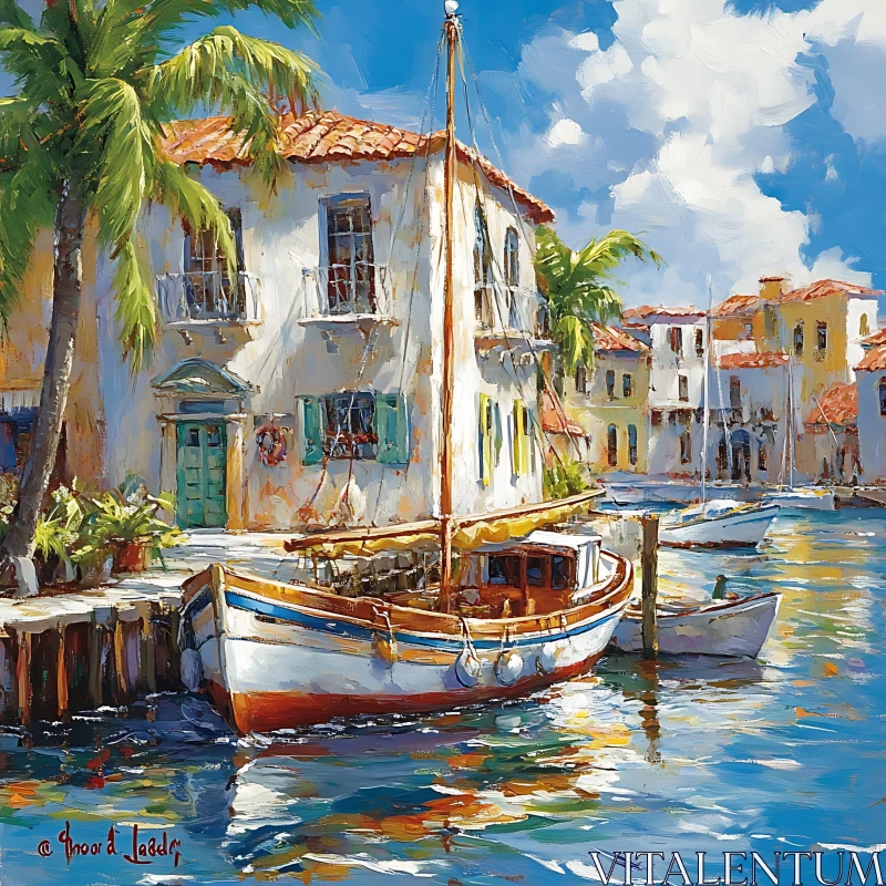 Vibrant Harbor View with Boats and Palm Trees AI Image