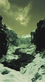 Serene Snow-Covered Canyon with Waterfall and Stars