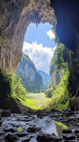 Scenic Cave View with Lush Greenery and Blue Sky