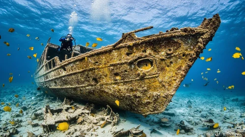 Scuba Diver Examining a Sunken Ship