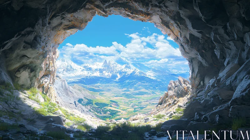 Majestic Mountain Scenery Through Cave Entrance AI Image