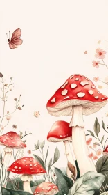 Tranquil Nature with Mushrooms and Butterfly